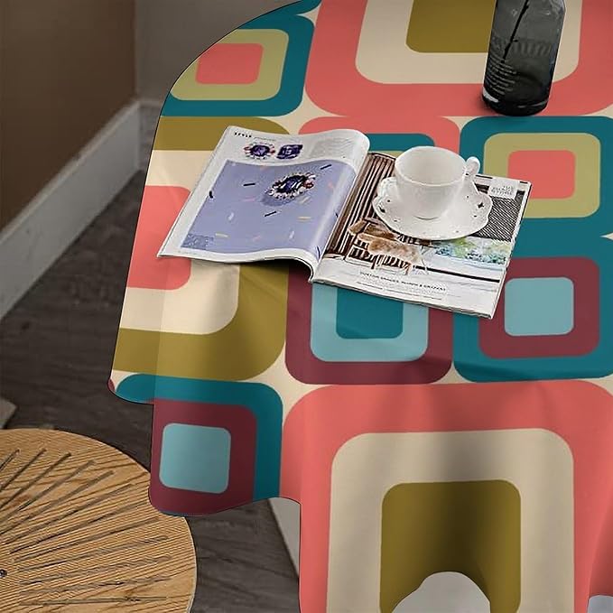 Abstract Geometric Round Tablecloth, Mid Century Modern Middle Century Abstract Patterns Print Tablecloth for Home Party Dining Room Kitchen Decor 60Inch(152cm)