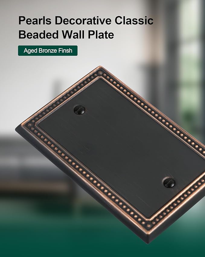 2-Pack Blank Outlet Cover Wall Plate, Metal Switch Plates Outlet Covers, Aged Bronze Pearls Beaded Decorative Wall Plates