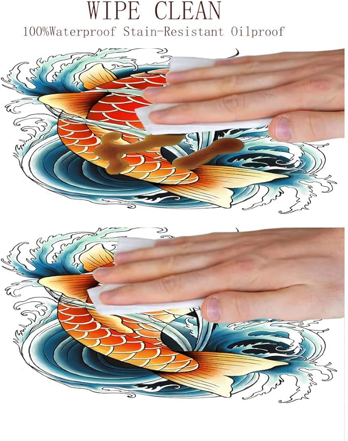 Polyester Tablecloth, Koi Fish Waterproof Oil-Proof PVC Table Cloth, Tattoo Style Japanese Wave, Fit Round Tables 28inch Diameter, Holiday Party Home Kitchen Dining Table Decoration, Multicolor