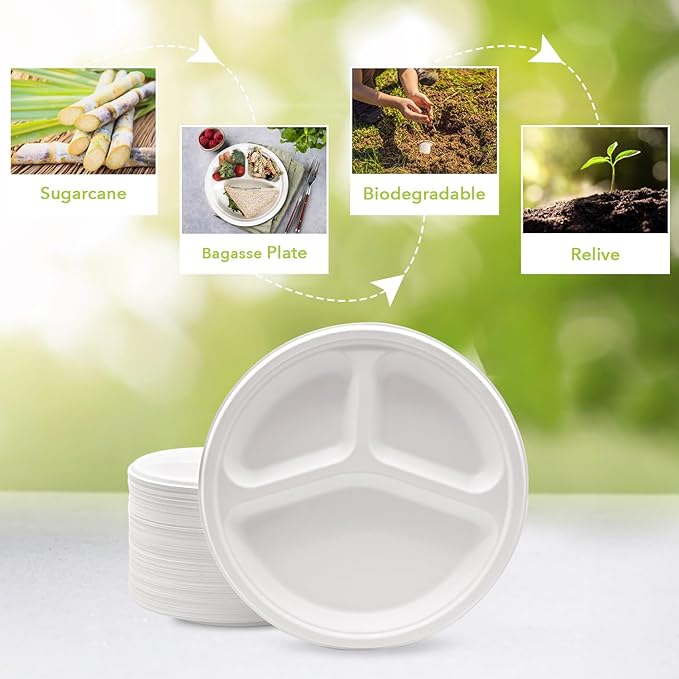 three leaf 10" 3 COMPARTMENT BAGASSE ROUND PLATE, 50 Ct. Heavy-Duty- Super Strong- Natural- Eco-Friendly Disposable Bagasse Plates, 100% Biodegradable 10 inch 3 compartment plates