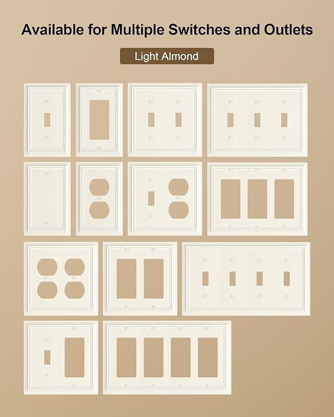 4-Pack Decorator Wall Plate Cover, Light Almond Decorative Switch Plates and Outlet Covers, Durable Natural Bamboo Fiber Wall Plates for Electrical Outlets, Receptacle, GFCI Outlet, Dimmer Switch