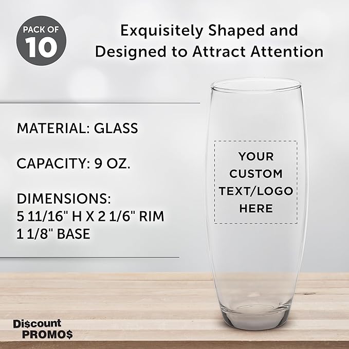 DISCOUNT PROMOS 10 ARC Stemless Champagne Flutes Set, 9 oz. - Customizable Text, Logo - Cachet, Glassware, Cocktails - Clear