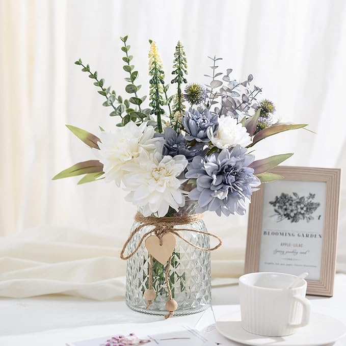 Fake Flowers Artificial Blue Flowers with Vase, Table Centerpieces for Dining Room, Silk Flower Arrangements for Home, Living Room Bathroom Plant Decor, Centerpiece Table Decorations