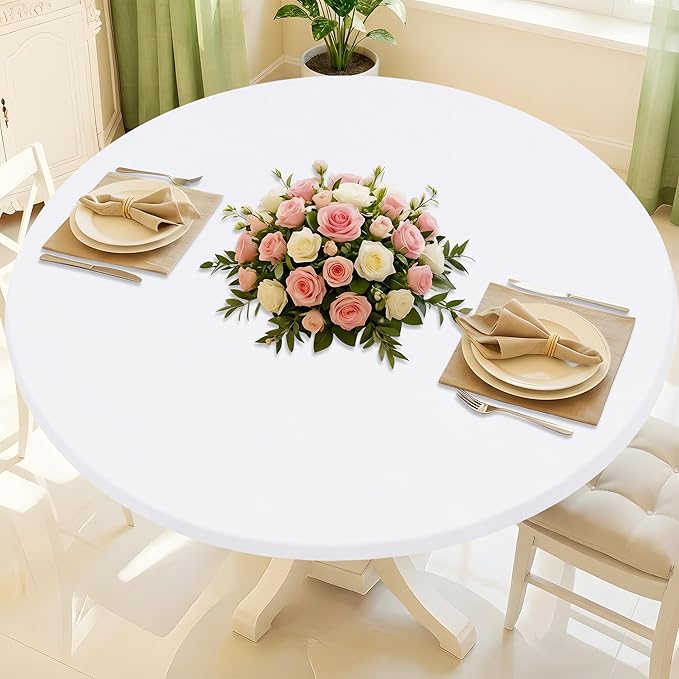 Round Spandex Tablecloth, Elastic Fitted Waterproof Tablecloths for 42"-50" Tables, Stretch Washable Picnic Table Cover for Camping, Dining, Indoor and Outdoor, White