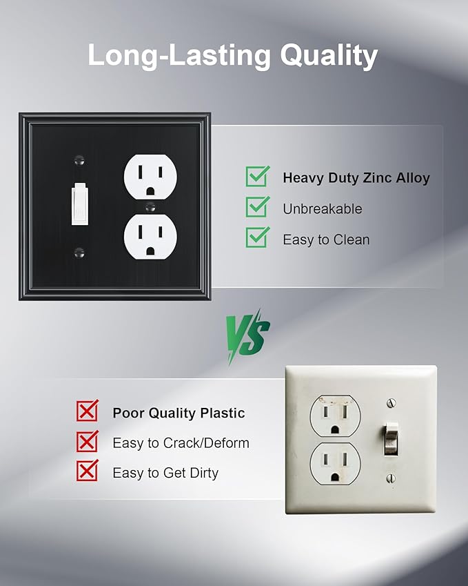 2-Pack Combo Toggle/Duplex Light Switch Cover Plate, Black Wall Outlet Cover Plate, Decorative Wall Receptacle Cover for Electrical Outlets, Light Switch, Durable Solid Zinc Alloy