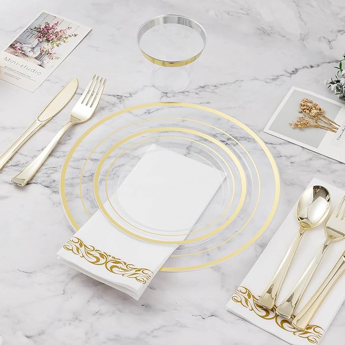 BESTVIP 350PCS Clear Gold Disposable Dinnerware Set for 50 Guests, Plastic Plates for Party, Wedding, Christmas, Include: 100 Plastic Plates, 50 Gold Silverware, 50 Cups, 50 Napkins