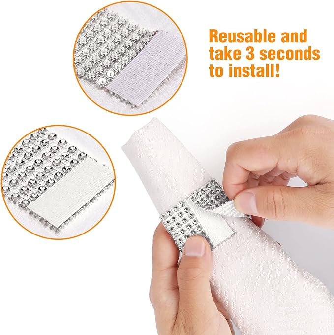 Bling Napkin Rings Set of 150, Rhinestone Silver Napkin Rings Diamond Adornment Napkin Holder Bulk for Wedding, Dinner, Party, Table Decorations, White