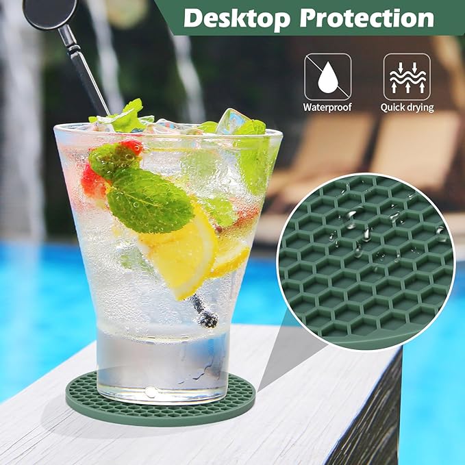 Silicone Coaster Set of 16 with Holder, Drinks Coasters, Beer & Coffee, Hot or Cold, Anti-Slip, Non-Stick, Anti-Overflow Tabletop Protection and Decor (Green, 16 Pcs)