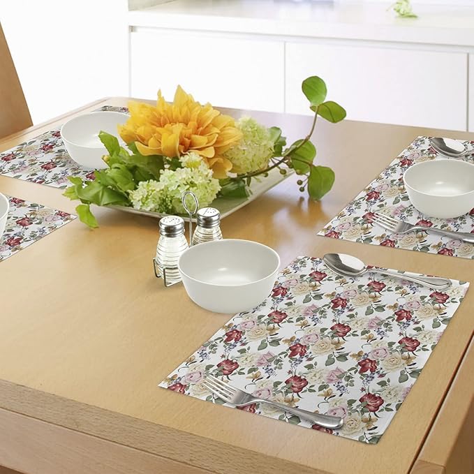Ambesonne Shabby Flora Place Mats Set of 4, Summer Spring Season Buds Roses Lilacs Flowers Leaves Print, Washable Fabric Placemats for Dining Table, Standard Size, Pale Pink Cream