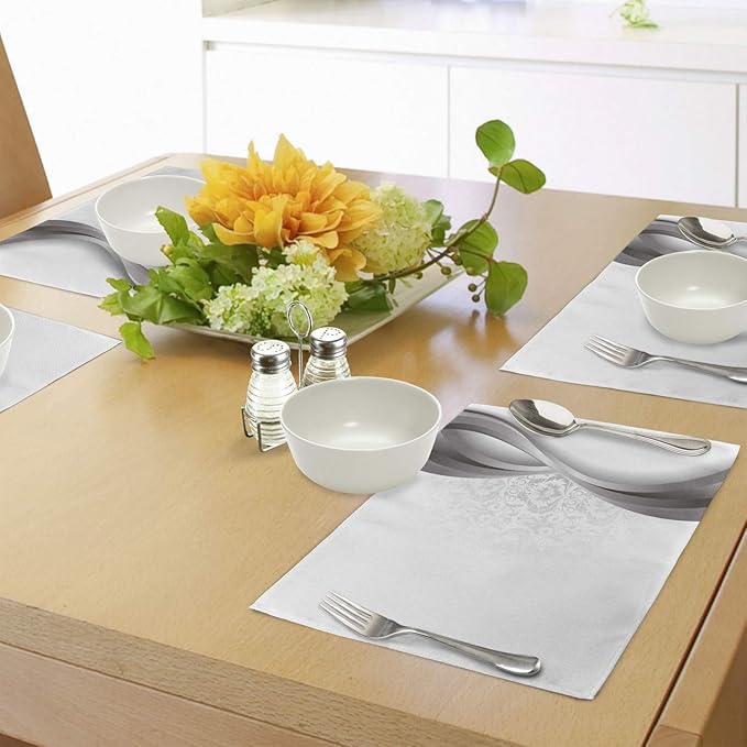 Ambesonne Grey Place Mats Set of 4, Wavy Vertical Curved Stripes with Flowers and Leaves Vintage Damask Inspired, Washable Fabric Placemats for Dining Table, Standard Size, Pale Grey