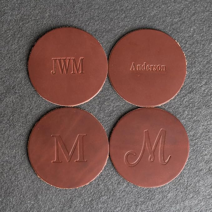 Ox & Pine Personalized Leather Coaster - Sold Individually or in Sets of 4 - Customize Inscription - 100% Full-Grain Leather – 4" Round or 4" Square (Square, Brown, 1 Individual Coaster)