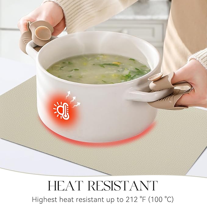 MOSAYT Vinyl Placemats Set of 6, Heat Resistant Place Mats 100% Waterproof Washable & Wipeable Faux Leather Reversible Table Mats for Kitchen Dining Party Indoor Outdoor, 12" x 17", Beige/Pink