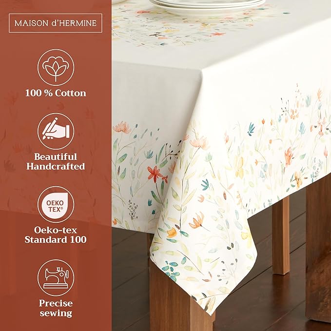 Maison d' Hermine Table Cloth Rectangle Table 100% Cotton 60 x 90 Inches Tablecloth Reusable Decorative for Dining Room Farmhouse Home Valentines Day Decorations Spring Summer - Colmar