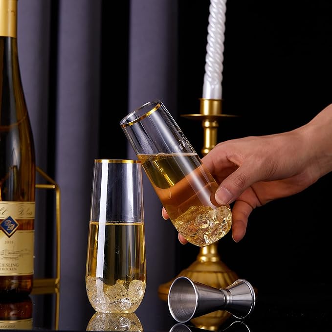 N9R 24PCS Plastic Champagne Flutes, 9 Oz Stemless Disposable Gold Rim Toasting Glasses, Crystal Clear Cocktail Cups Drinkware Shatterproof Ideal for Party Wedding Birthday
