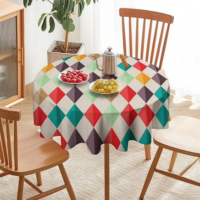 Abstract Geometric Round Tablecloth, Modern Mid Century Background Mid Century Colorful Print Pattern Tablecloth for Home Party Dining Room Kitchen Decor 36Inch(90cm)