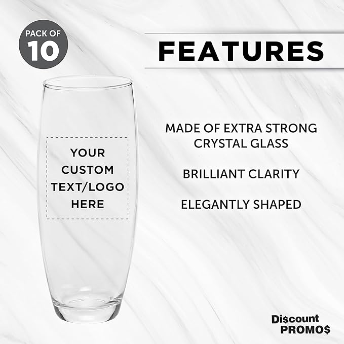 DISCOUNT PROMOS 10 ARC Stemless Champagne Flutes Set, 9 oz. - Customizable Text, Logo - Cachet, Glassware, Cocktails - Clear