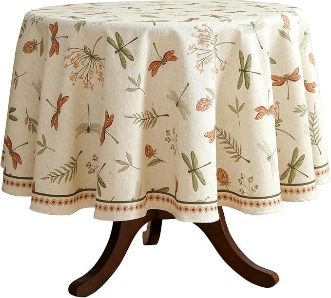 ISAENNE Designer Floral Linen Round Tablecloth,French Off White Elegant Table Cloth,Fall Washable Home Decor Tablecloths for Dining Thanksgiving Kitchen Christmas Party,Diameter 67"-Grace B