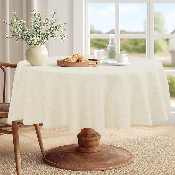 JIUZHEN Round Table Cloth Faux Linen Farmhouse Tablecloth Wrinkle and Stain Resistant Decorative Fabric Table Cover for Kitchen, Dining Room, Parties and Camping, Champagne, 90 Inch Round