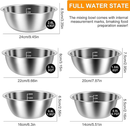 10 Pack Stainless Steel Bowls ，Nesting Mixing Bowl Set with Scale Marks, 5 Different Size (4.5, 3,2,1.5,0.7QT) Baking Bowls Mixing Set for Kitchen Food Storage, Cooking, Baking (10)