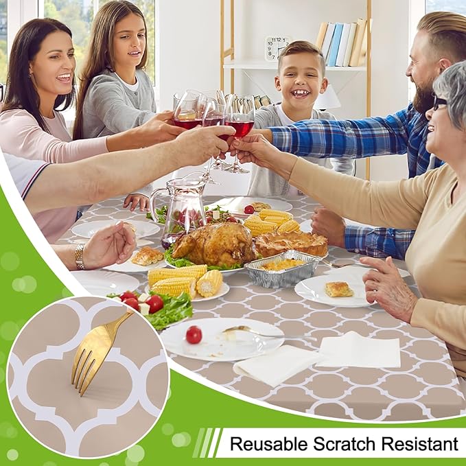 Smiry Rectangle Table Cloth, Waterproof Vinyl Tablecloths with Flannel Backing for Rectangle Tables, Wipeable Spillproof Plastic Tablecloth for Dining, Camping, Indoor and Outdoor (54"x120", Khaki)