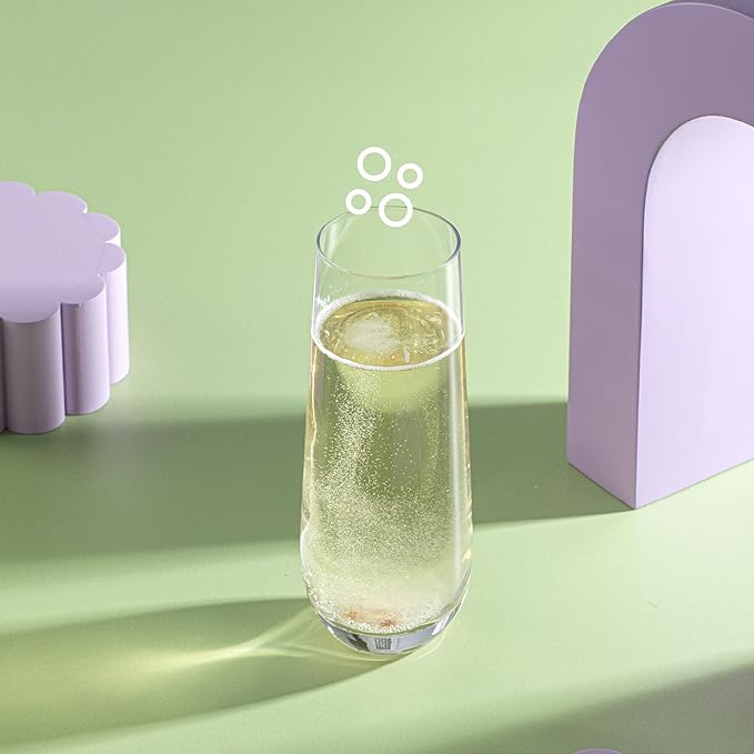 JoyJolt Milo Stemless Champagne Flutes Set of 8 Crystal Glasses. 9.5oz Prosecco Wine Flute, Mimosa Glasses, Cocktail Glass Set, Water Highball Glass, Bar Glassware