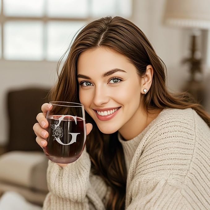 Valentines Day Gifts for Her, Gifts for Women Her Friend Mom Grandma Wife Sister Bridesmaid Nurse, Birthday Galentines Mothers Day Christmas, Personalized Initial Customized Wine Glasses 18OZ(G)
