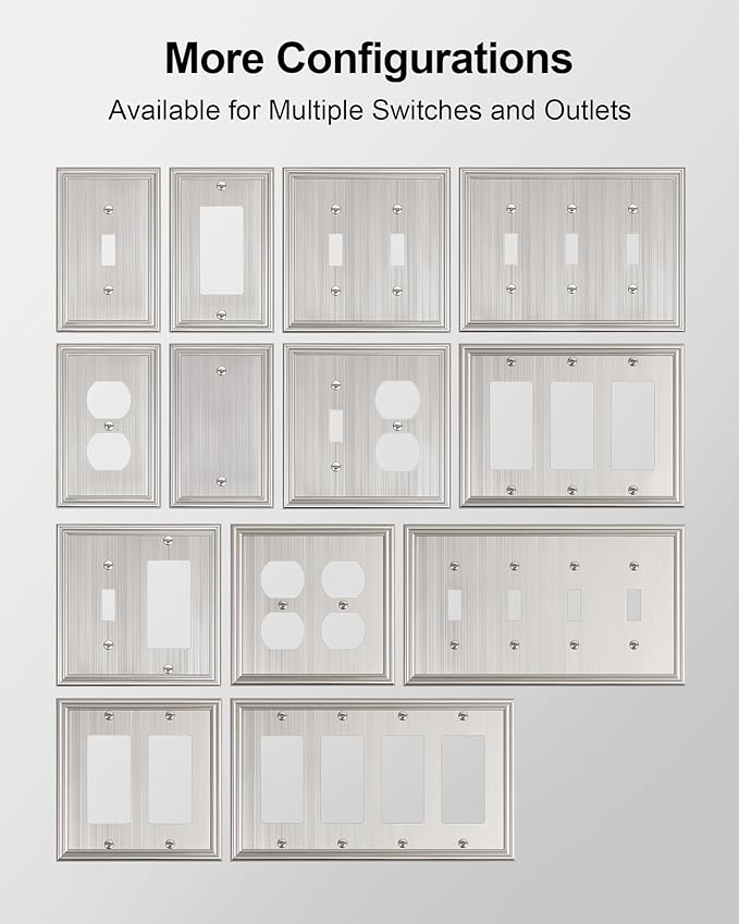 4-Pack Decorator Outlet Cover Plate, Brushed Nickel Decorative Switch Plates and Outlet Covers, Durable Zinc Alloy Wall Plates for Electrical Outlets, Receptacle, GFCI Outlet, Dimmer Switch