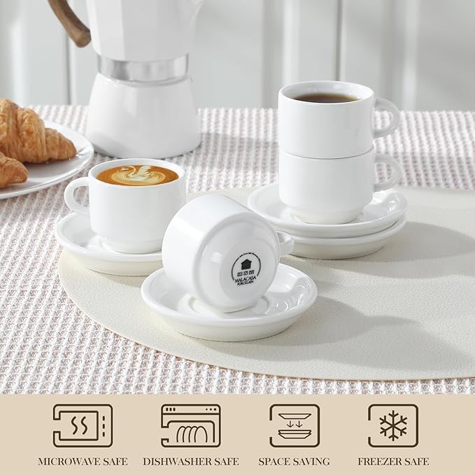 MALACASA 2.5 OZ Porcelain Espresso Cups with Saucers and Metal Stand Set of 4, Stackable Cappuccino Cups, White Expresso Shots Cup Set for Coffee Drinks, Latte, Tea
