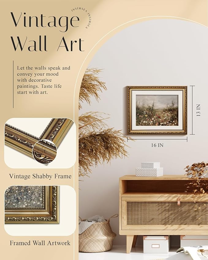 InSimSea Gold Picture Framed Wall Art, Living Room Classical Wildflower Field Meadow Flowers Canvas Print Wall Decor, Vintage Landscape Home Farmhouse Decor, Antique Paintings with Frame 13x16inch