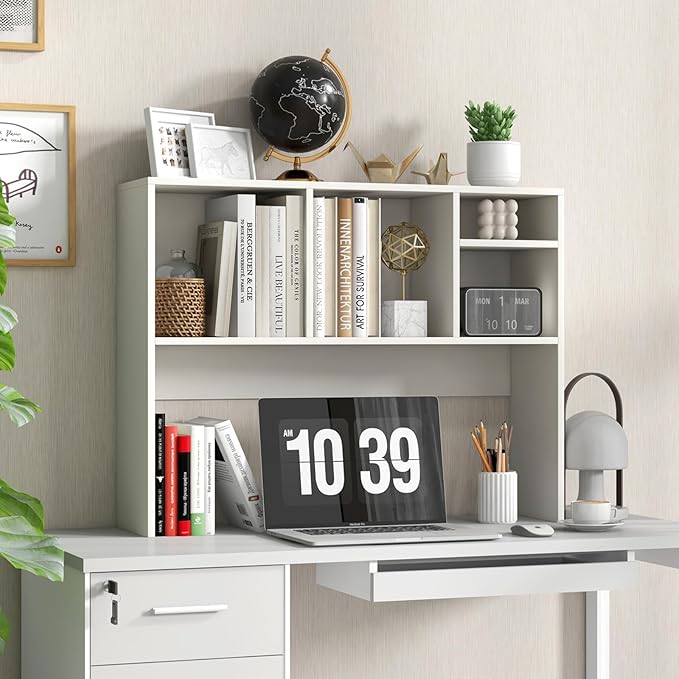 Tangkula Desktop Bookshelf, Countertop Storage Hutch with 4 Shelves for Computer Desk, Desktop 2-Tier Display Rack, Multipurpose Wood Desktop Hutch Storage Organizer for Dorm Office Home (White)