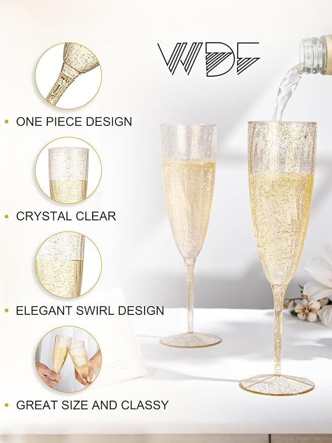 WDF 36-Pack Plastic Champagne Flutes - Gold Glitter Champagne Glasses Disposable - Perfect for Wedding Birthday Bridal Shower Valentine's Day