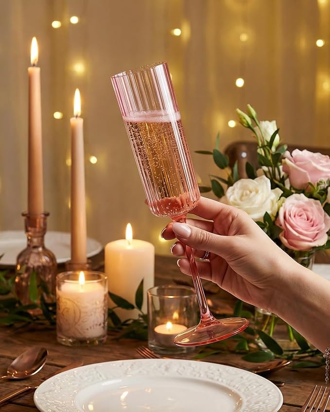 Ciaell 24 Pack Pink Plastic Champagne Flutes - 6oz Ribbed Disposable Champagne Glasses - Pink Vintage Mimosa Glasses with Long Stem, Elegant & Lightweight for Weddings and Party