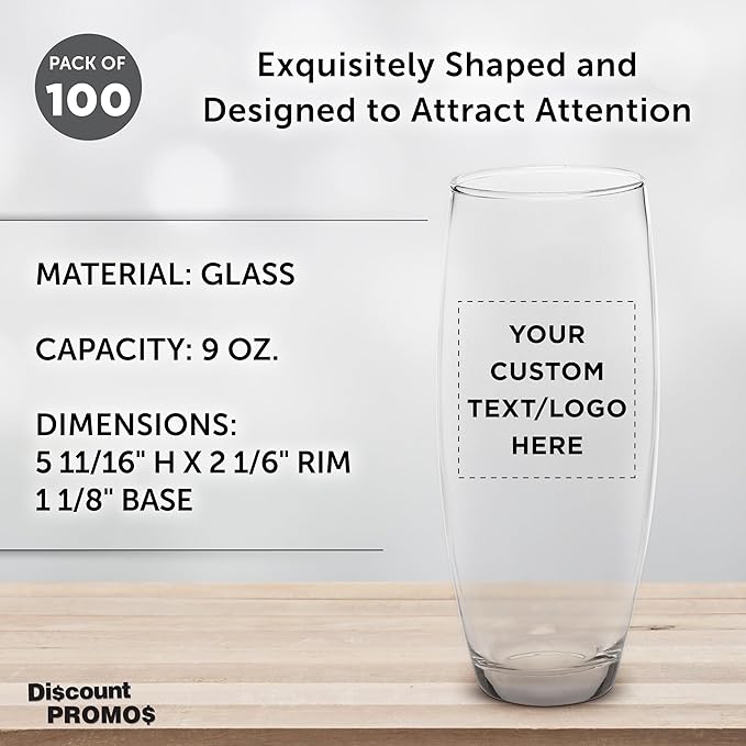 DISCOUNT PROMOS 100 ARC Stemless Champagne Flutes Set, 9 oz. - Customizable Text, Logo - Cachet, Glassware, Cocktails - Clear