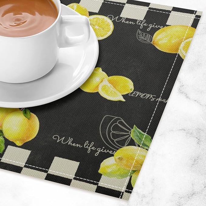 Vintage Lemon Placemat Set, Rustic Farmhouse Yellow Orange Fruit Leaves Black White Plaid Quotes Seamless Pattern Home Decor Linen Table Mats for Dining Room Kitchen Party (17x12in) x6P