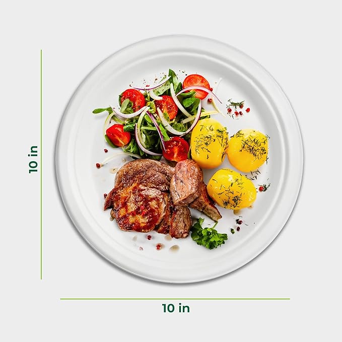 Freshware Paper Plates - Disposable 10" Plate, Biodegradable Sugarcane Fiber Dinner Plates - Heavy Duty Dinnerware for Hot Food - Microwave & Freezer Safe, Stackable Dinnerware - 150-Pack, 10 Inch