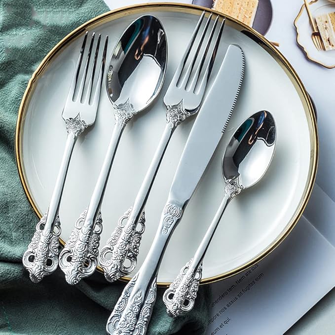 Silverware Set for 12 Premium 18/10 Stainless Steel Flatware Set Palace Style 60 Piece Cutlery Tableware Utensils Embossed Decorative Handle Knives Forks and Spoons for Home Christmas Wedding