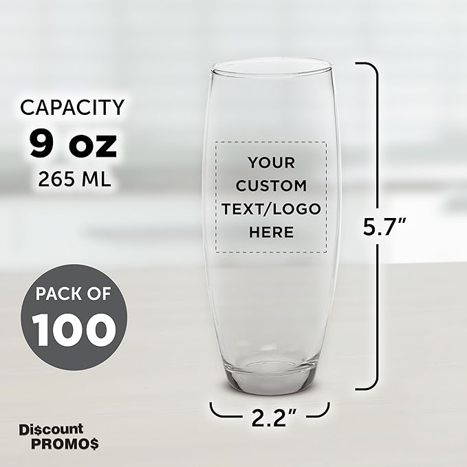 DISCOUNT PROMOS 100 ARC Stemless Champagne Flutes Set, 9 oz. - Customizable Text, Logo - Cachet, Glassware, Cocktails - Clear