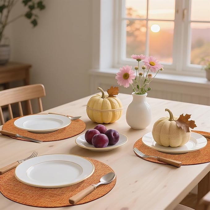 homing 15 Inch Round Cloth Placemats Set of 4, Cotton Linen Blend Washable Table Mats, Farmhouse Dining Place Mats for Indoors & Outdoors, Easy to Clean, Orange