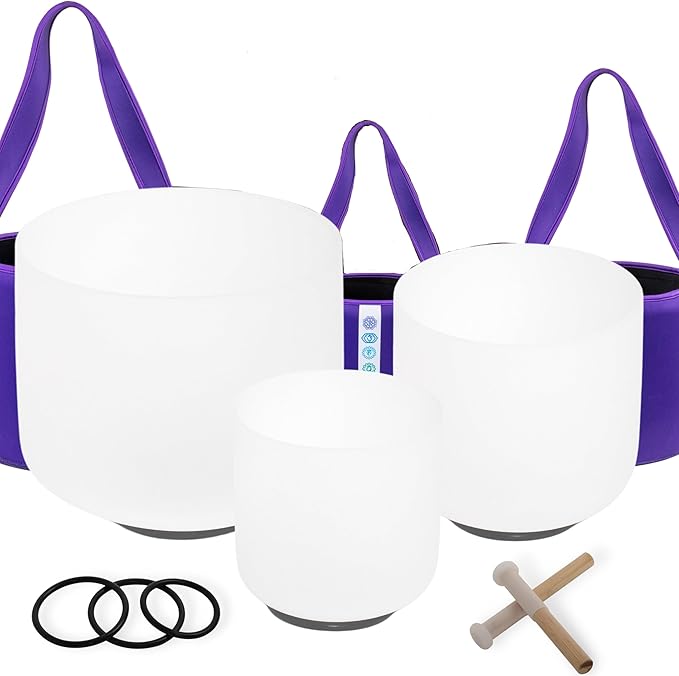 7inch 8inch 9inch Crystal singing bowls set sound bowl for healing Mindfulness, Meditation, Yoga, Spiritual and Body Healing Chakra Bowl (7A+8C+9D, 440hz 7-9"with soft bag)