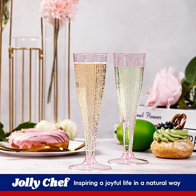 JOLLY CHEF 100 Pack Plastic Champagne Flutes Disposable 4.5 oz Purple Glitter Plastic Champagne Glasses Suitable for Wedding, Thanksgiving Day, Christmas