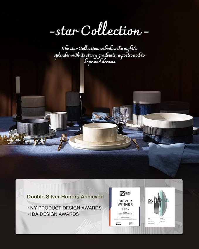Famiware Star Dinnerware Set with Pasta Bowls, Service for 6 (24 Pieces), Ribbed Stoneware Plates and Double Bowls Sets - Chip & Scratch Resistant, Microwave & Dishwasher Safe Dishes, Smoky Blue