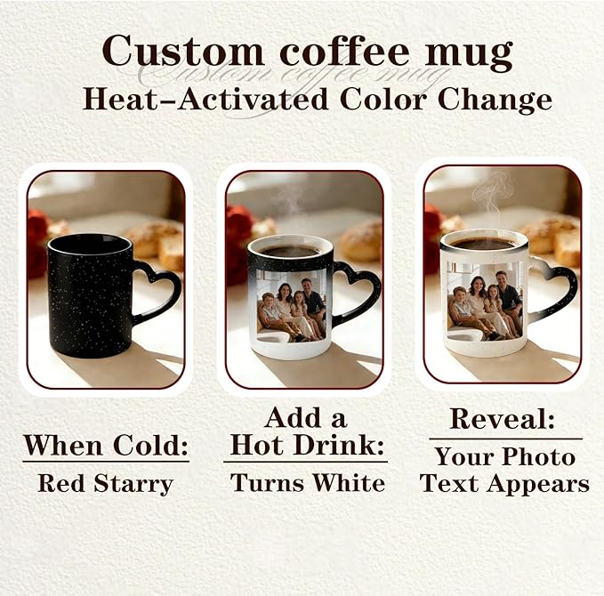 Custom Color Changing Mug,Personalized Photo Logo Text Print,Hidden Image Shows with Hot Drinks,Heart Shaped Handle Ceramic Coffee Cup,Home Office,for Valentine's Day (Black Starry)