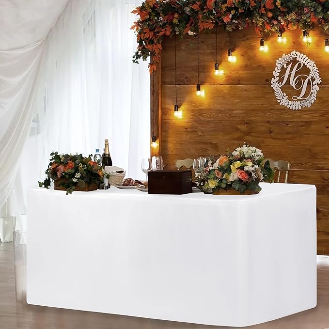 HolidayIdeas 2 Pack Fitted Table Clothes - 48 x 24 Inch - White Rectangle Tablecloths for 4 Foot Tables, Polyester Fabric Tablecloth for Folding Table, Parties, Birthday, Wedding, Trade Show