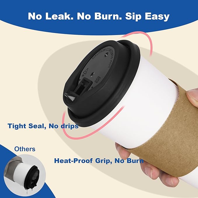 20 oz 50 Pack Coffee Cups with Lids and Sleeves, Straws, Hot Disposable To Go Travel Paper Cups Bulk for Office, Home Coffee Bar Accessories, Chocolate, Cocoa, Beverage (White)