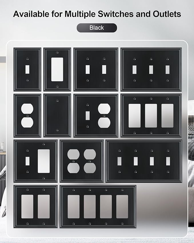 2-Pack Single Blank Wall Plates, Durable Solid Zinc Alloy Blank Outlet Covers, Decorative Black Wall Plate Cover for Unused Outlets/Switches, Corrosion Resistant