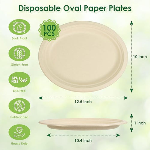 100pc Disposable Oval Paper Plates, 12.5" Biodegradable Compostable Heavy Duty Bagasse Platters Eco-Friendly Sugarcane Plates for BBQ, Party, Picnic - Natural Pulp