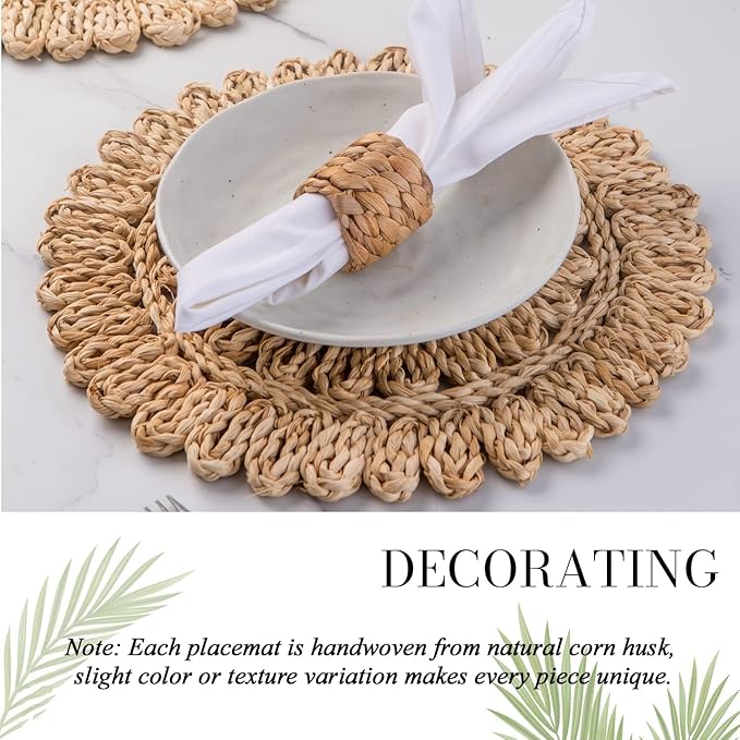 13.8" Set of 12 Round Corn Husk Placemats | Boho Wovean Rattan Table Mats | Farmhouse Wicker Spring Plate Chargers Like Water Hyacinth, Seagrass Table Mats