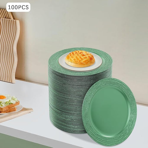 100 PCS Antique Charger Plates Bulk, 13 Inch Round Textured Edge Plastic Dinner Chargers, Bulk Plastic Charger Plates Set for Wedding, Party, Table Decor (Green)