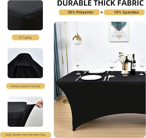 10-Pack 8ft Black Spandex Table Covers for Rectangle Folding Tables - Washable Elastic Tablecloth - Ultimate Fitted Table Protector for Parties, Trade Shows, Banquet, and Wedding