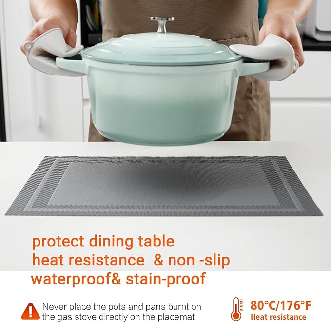 Placemats Set of 12,Washable,Heat and Stain Resistant Indoor/Outdoor Place mats,Vinyl Woven Non Slip Table Mats for Restaurant Table Protection,PVC Placemats(Gray,12PCS)